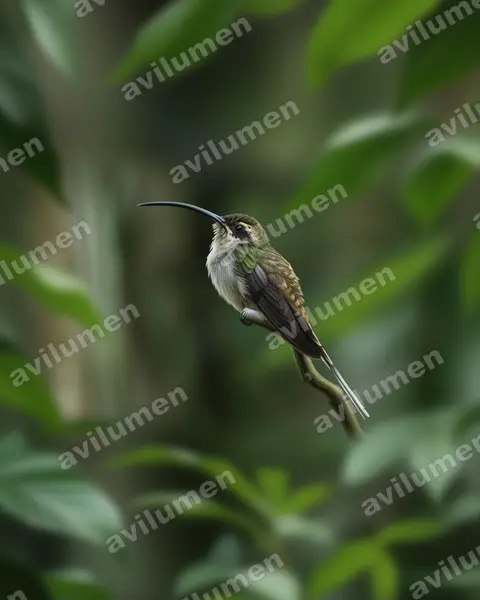 西长尾隐蜂鸟（Phaethornis longirostris）的写实插画