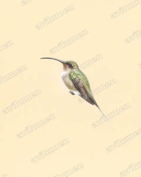 西长尾隐蜂鸟（Phaethornis longirostris）的彩色铅笔插画
