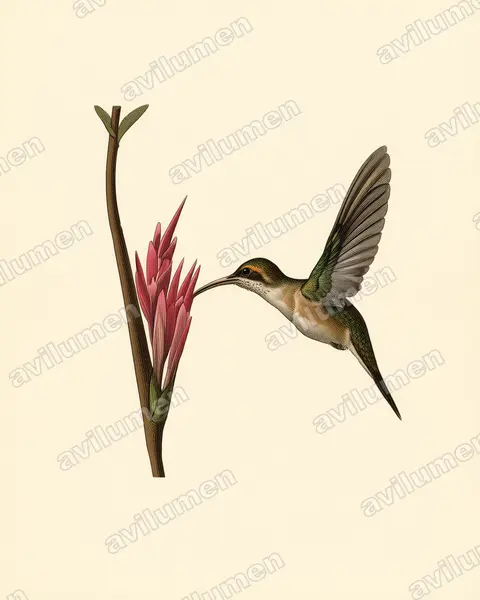 Ilustración en Lámina antigua: Phaethornis nattereri (Ermitaño de Natterer​)
