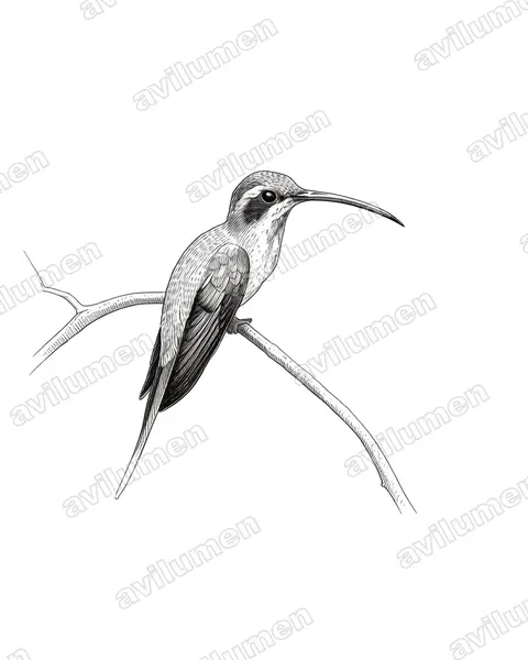 斑喉隐蜂鸟(Phaethornis rupurumii)的钢笔墨线插画