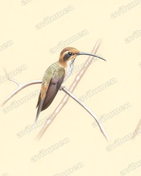 斑喉隐蜂鸟(Phaethornis rupurumii)的彩色铅笔插画
