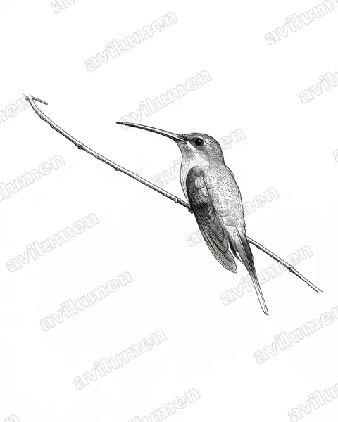 东长尾隐蜂鸟（Phaethornis superciliosus）的钢笔墨线插画