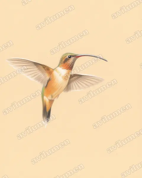 Colored pencil illustration: Phaethornis syrmatophorus (Tawny-bellied Hermit)