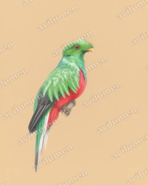 Illustration Crayon de couleur : Pharomachrus antisianus (Quetzal antisien)