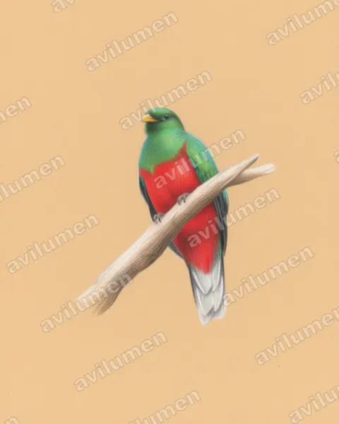 Illustration Crayon de couleur : Pharomachrus fulgidus (Quetzal brillant)