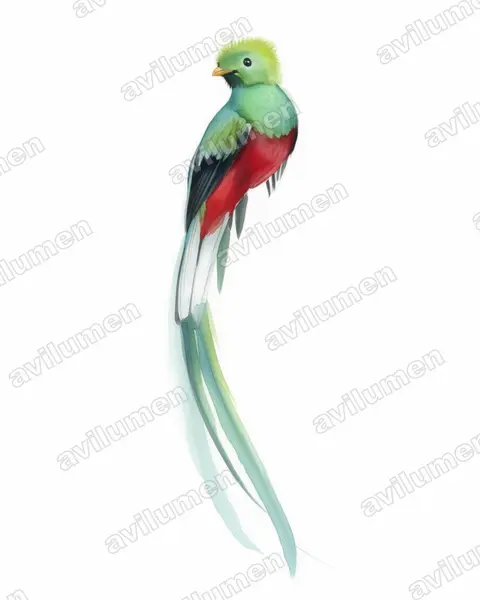 Watercolor illustration: Pharomachrus mocinno (Resplendent Quetzal)