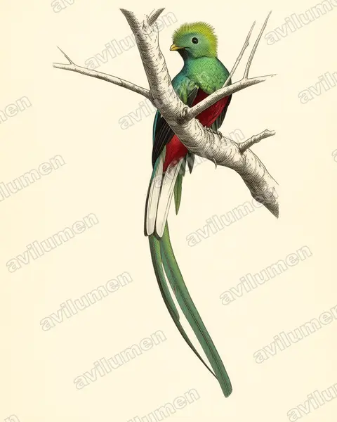 Vintage plate illustration: Pharomachrus mocinno (Resplendent Quetzal)