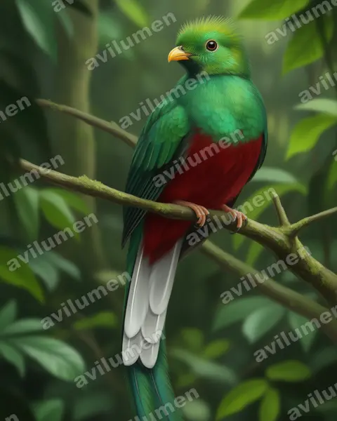 Realistic illustration: Pharomachrus mocinno (Resplendent Quetzal)
