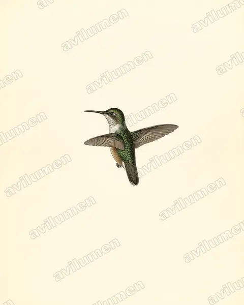 Ilustración en Lámina antigua: Phlogophilus harterti (Colibrí colipinto peruano)
