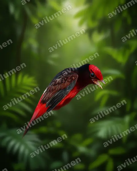 Realistic illustration: Phoenicircus carnifex (Guianan Red Cotinga)