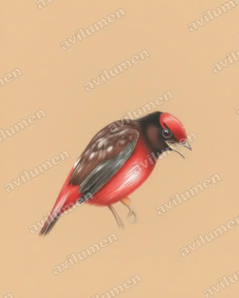 Colored pencil illustration: Phoenicircus carnifex (Guianan Red Cotinga)