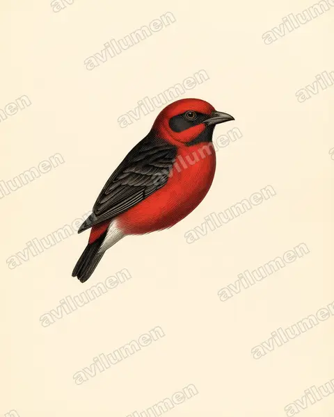 Ilustración en Lámina antigua: Phoenicircus nigricollis (Cotinga rojo cuellinegro​)