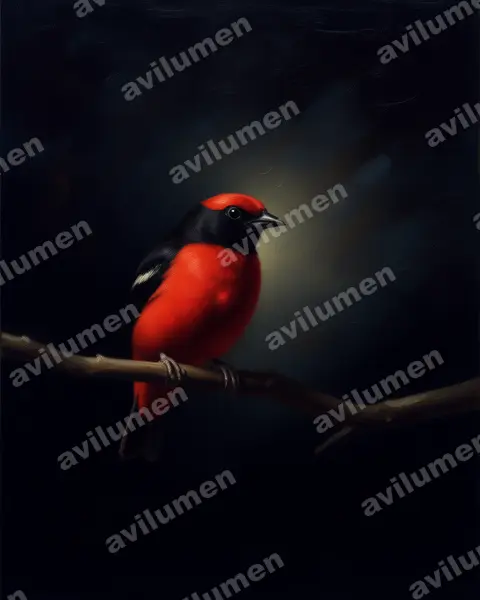 Ilustración en Óleo: Phoenicircus nigricollis (Cotinga rojo cuellinegro​)