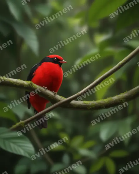 Ilustración en Realista: Phoenicircus nigricollis (Cotinga rojo cuellinegro​)