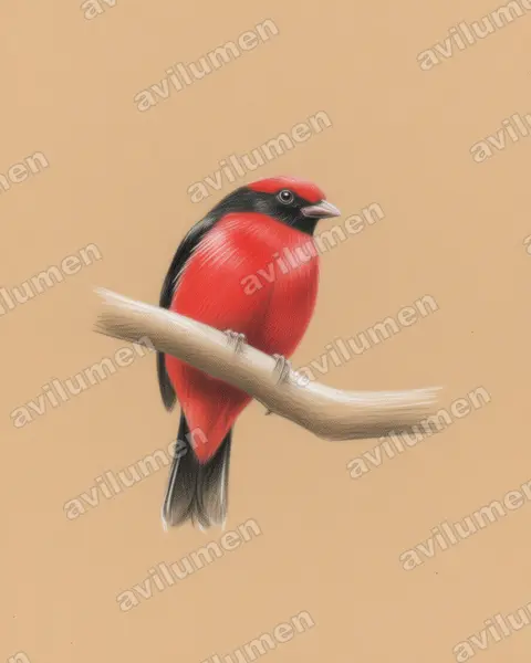 Ilustración en Lápiz de color: Phoenicircus nigricollis (Cotinga rojo cuellinegro​)