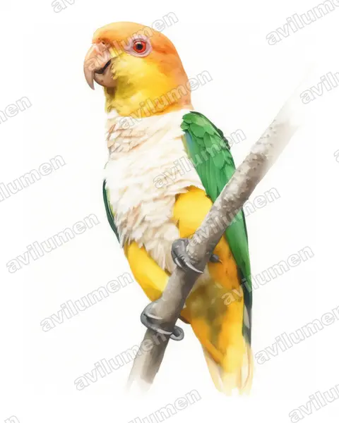 Illustration im Stil Aquarell: Rostkappenpapagei (Pionites leucogaster)