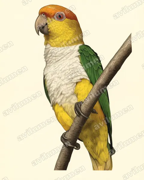 Illustration im Stil Historische Tafel: Rostkappenpapagei (Pionites leucogaster)
