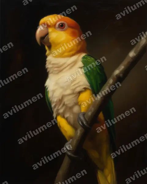 Illustration im Stil Öl: Rostkappenpapagei (Pionites leucogaster)