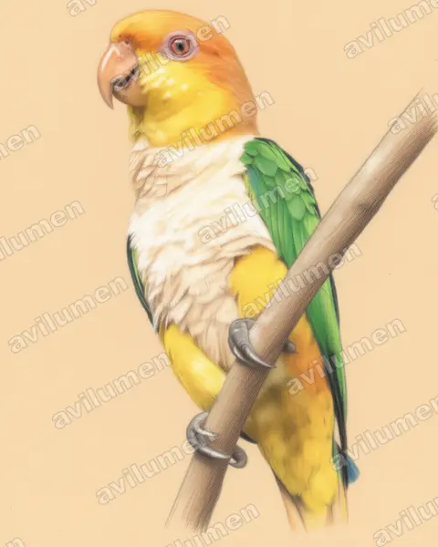 Illustration im Stil Buntstift: Rostkappenpapagei (Pionites leucogaster)