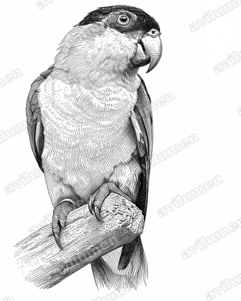 Black-headed Parrot（Pionites melanocephalus）的钢笔墨线插画