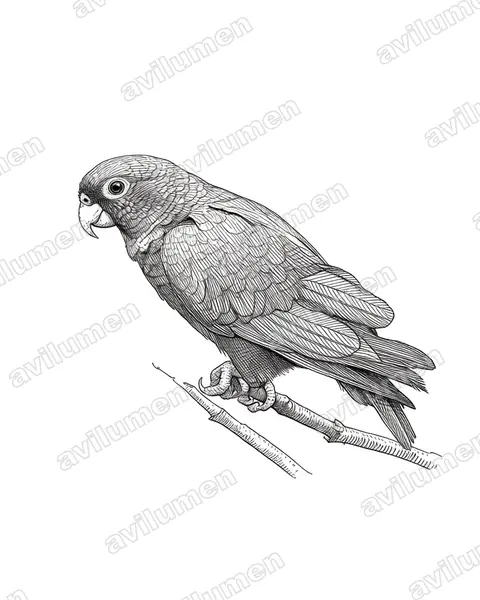 Ink illustration: Pionus chalcopterus (Bronze-winged parrot)