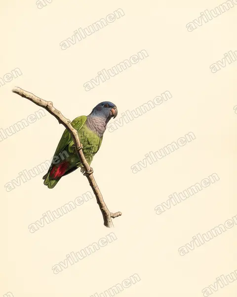 Ilustración en Lámina antigua: Pionus menstruus (Loro cabeciazul)
