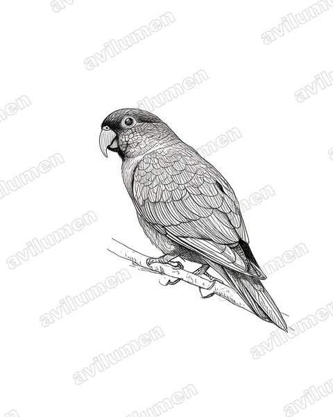 Red-billed Parrot（Pionus sordidus）的钢笔墨线插画
