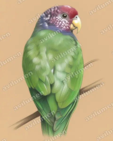Colored pencil illustration: Pionus tumultuosus (Speckle-faced Parrot)