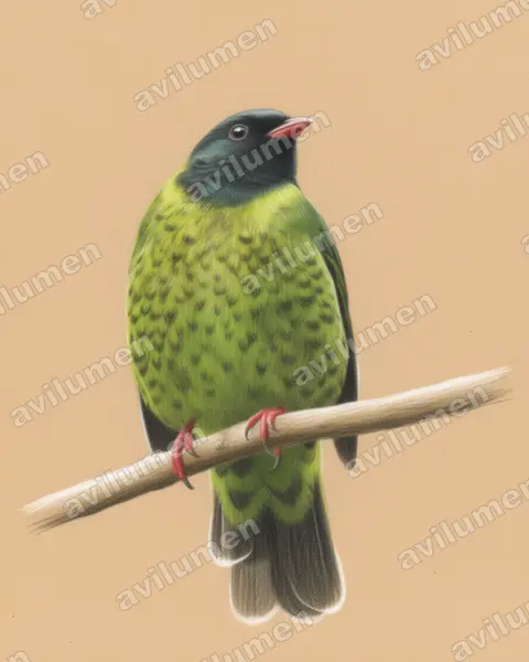 Band-tailed Fruiteater（Pipreola intermedia）的彩色铅笔插画