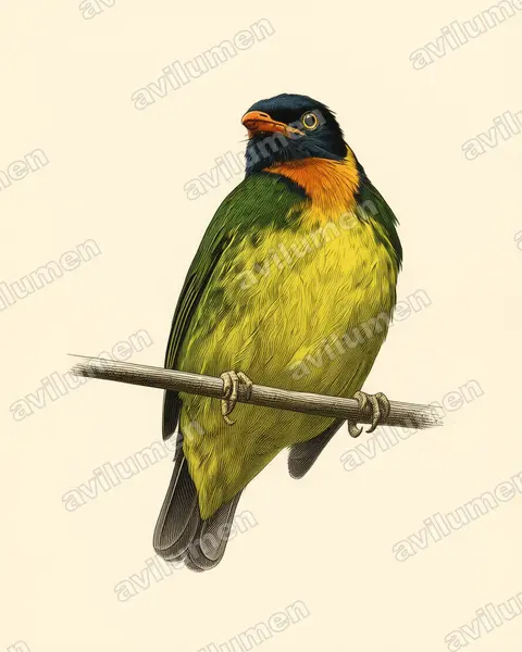 Ilustración en Lámina antigua: Pipreola jucunda (Frutero pechinaranja​)