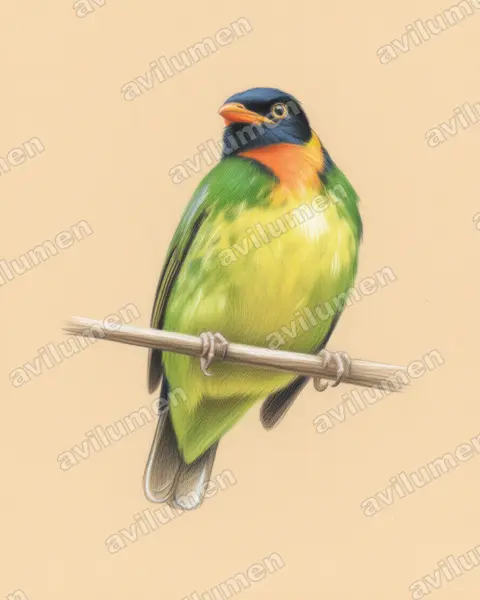 Ilustración en Lápiz de color: Pipreola jucunda (Frutero pechinaranja​)