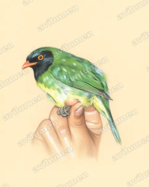 Colored pencil illustration: Pipreola lubomirskii (Black-chested Fruiteater)