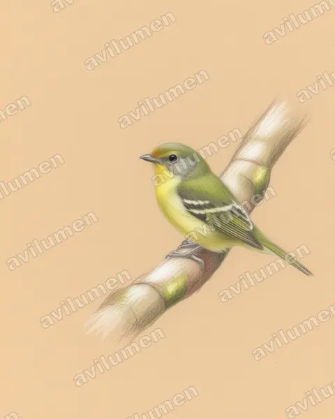 Colored pencil illustration: Piprites chloris (Wing-barred Piprites)