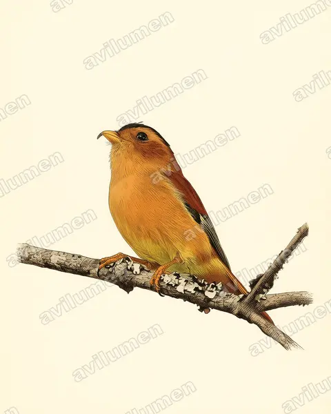 Ilustración en Lámina antigua: Piprites pileata (Bailarín castaño)