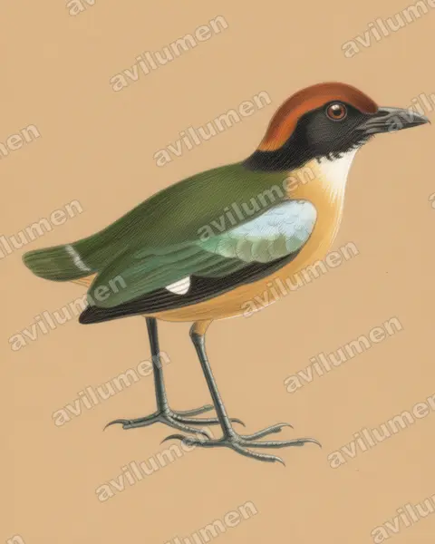 Ilustración en Lápiz de color: Pitta anerythra (Pita carinegra)