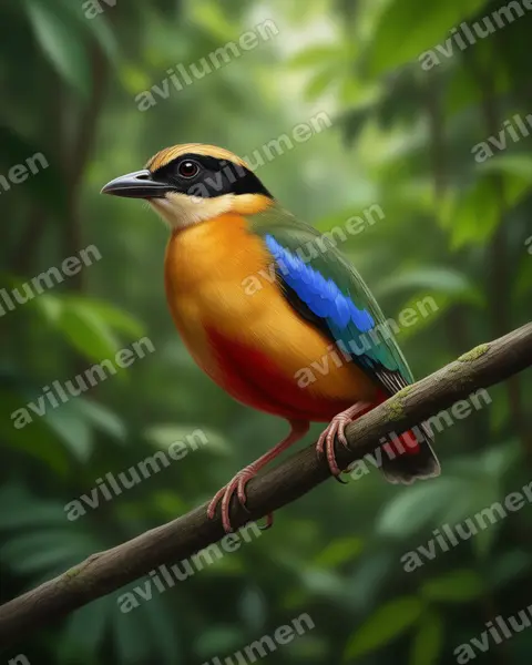 非洲八色鸫(Pitta angolensis)的写实插画