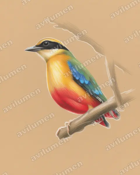 非洲八色鸫(Pitta angolensis)的彩色铅笔插画