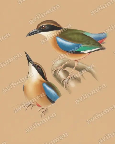 Illustration Crayon de couleur : Pitta megarhyncha (Brève des palétuviers)