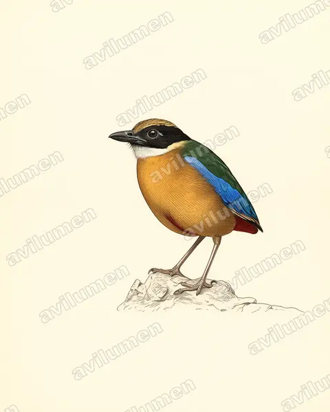 Illustration im Stil Historische Tafel: Blauflügelpitta (Pitta moluccensis)