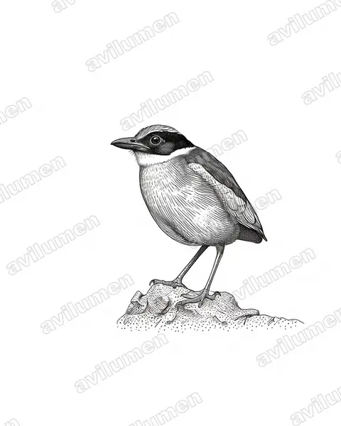 Illustration im Stil Tusche: Blauflügelpitta (Pitta moluccensis)