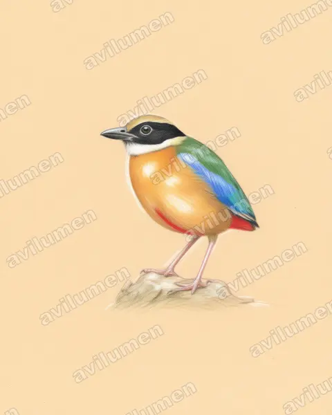 Illustration im Stil Buntstift: Blauflügelpitta (Pitta moluccensis)