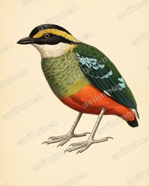 Illustration im Stil Historische Tafel: Grünbrustpitta (Pitta reichenowi)