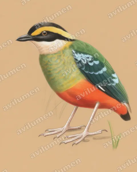 Illustration im Stil Buntstift: Grünbrustpitta (Pitta reichenowi)
