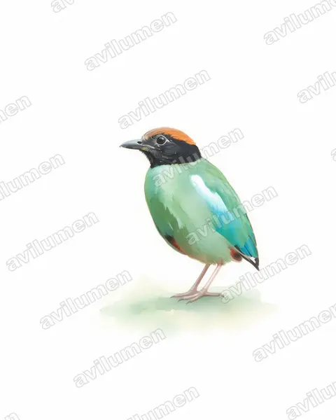 Watercolor illustration: Pitta sordida (Hooded Pitta)