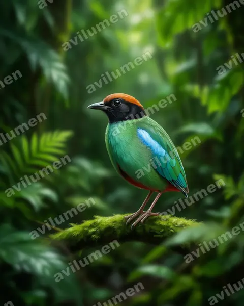 Realistic illustration: Pitta sordida (Hooded Pitta)