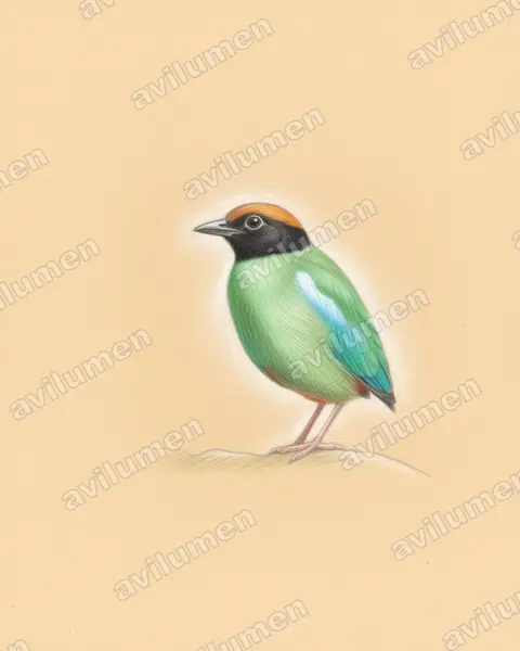 Colored pencil illustration: Pitta sordida (Hooded Pitta)