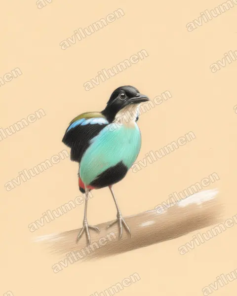 Colored pencil illustration: Pitta steerii (Azure-breasted Pitta)