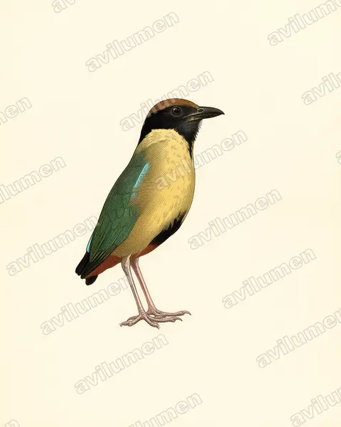Ilustración en Lámina antigua: Pitta versicolor (Pita bulliciosa)