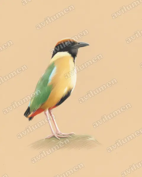 Ilustración en Lápiz de color: Pitta versicolor (Pita bulliciosa)