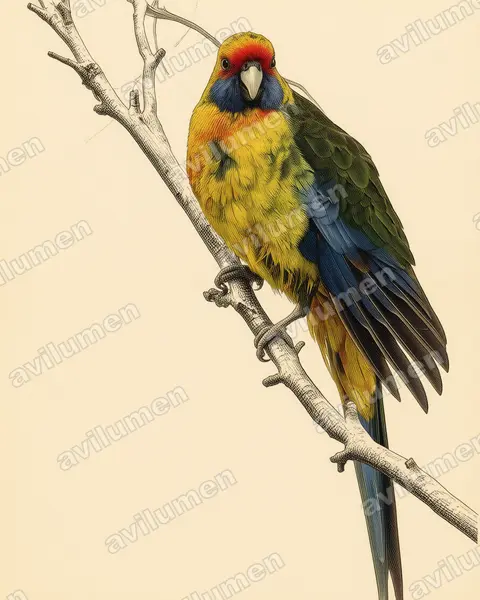 Green Rosella（Platycercus caledonicus）的古典图版插画